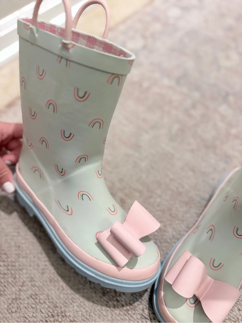 Sweet Honey Rain Boots Over the Rainbow Mint Green Pink Bow Toddler Size 2